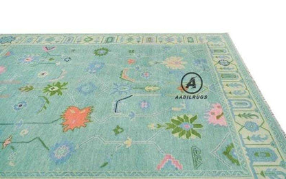 Green Peach color Hand knotted Oushak Area Rug- Pastel Floral Pattern, Vintage-Style Turkish Wool Carpet- Bohemian Home Decor large area rug 8x10,9x12,12x15
