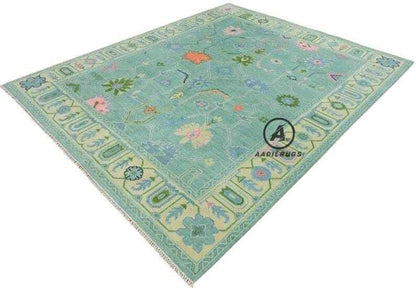 Green Peach color Hand knotted Oushak Area Rug- Pastel Floral Pattern, Vintage-Style Turkish Wool Carpet- Bohemian Home Decor large area rug 8x10,9x12,12x15