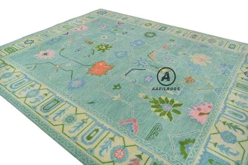 Green Peach color Hand knotted Oushak Area Rug- Pastel Floral Pattern, Vintage-Style Turkish Wool Carpet- Bohemian Home Decor large area rug 8x10,9x12,12x15