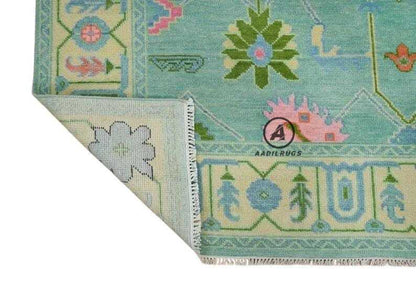 Green Peach color Hand knotted Oushak Area Rug- Pastel Floral Pattern, Vintage-Style Turkish Wool Carpet- Bohemian Home Decor large area rug 8x10,9x12,12x15